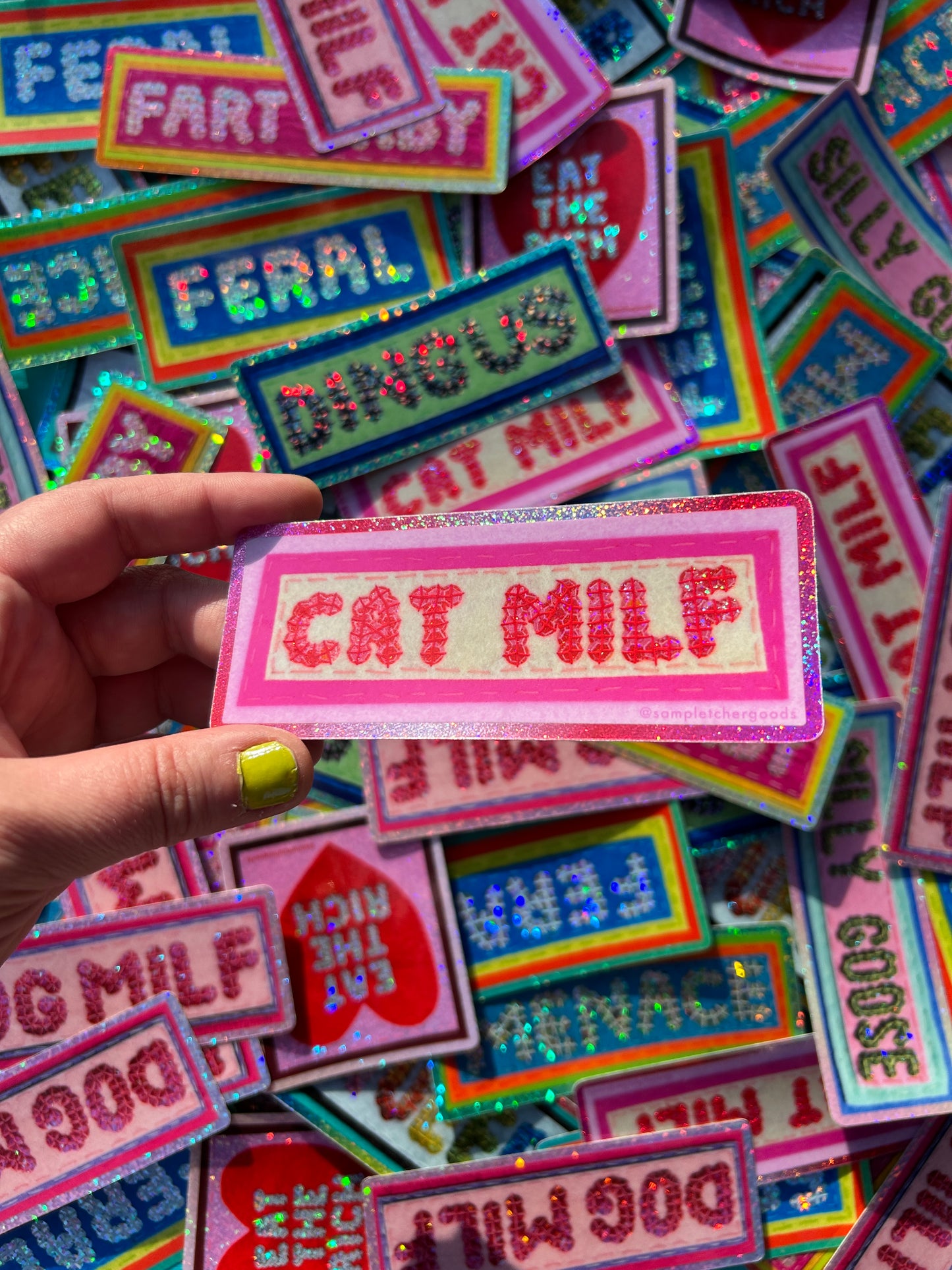 Cat MILF ~ Sequin Patch Inspired Waterproof Holographic Sticker