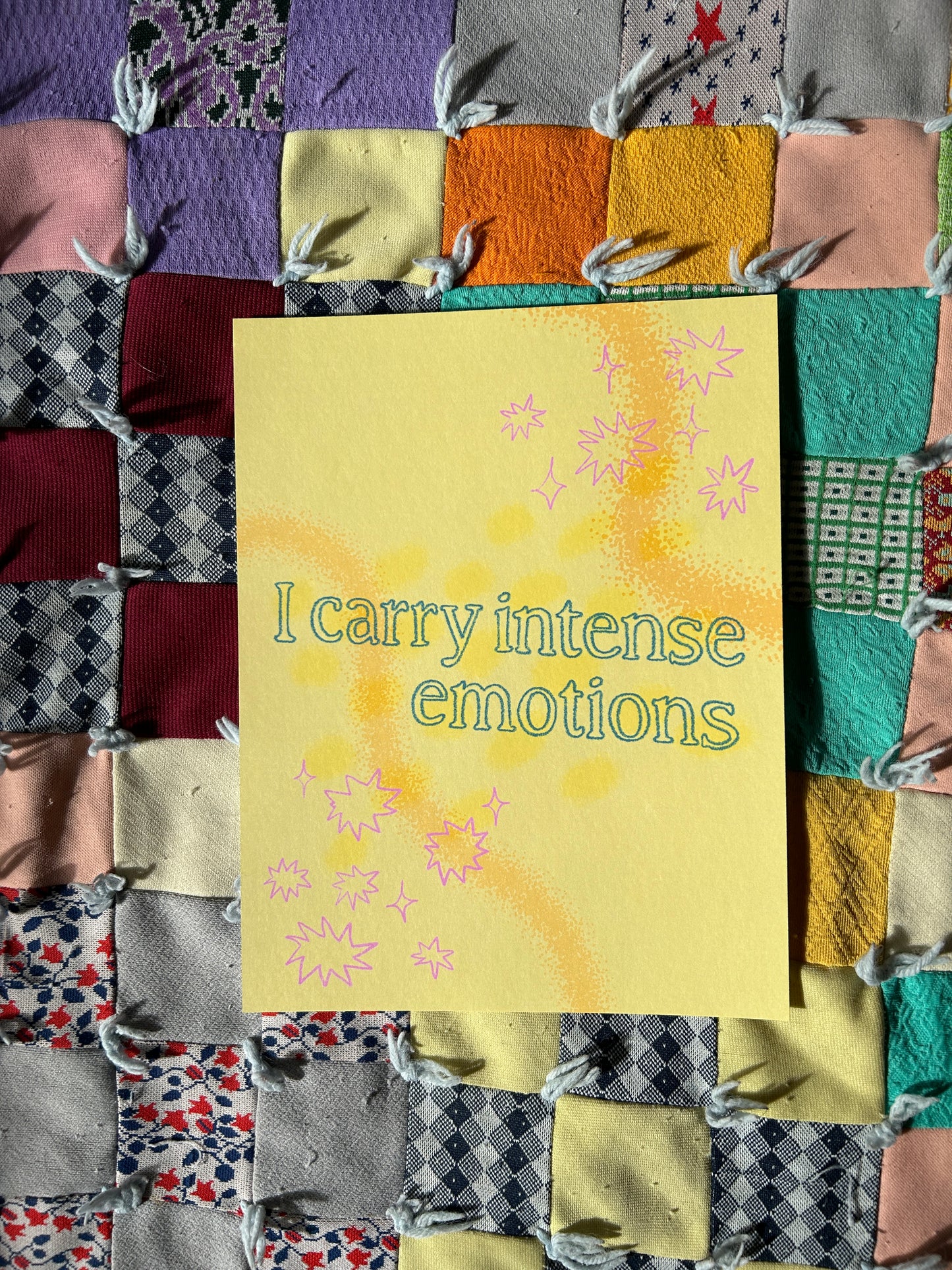 Intense Emotions Print on a colorful quilted background