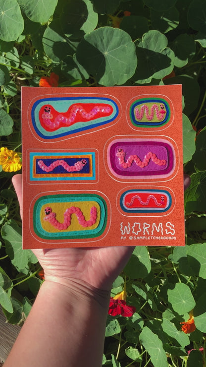 Worm Sticker Sheet ~ Sequin Patch Inspired Waterproof Sticker Sheet